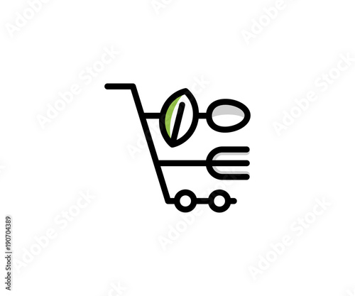Shopping cart and fork, spoon, leaf logo template. Online shopping vector design. Fast food illustration