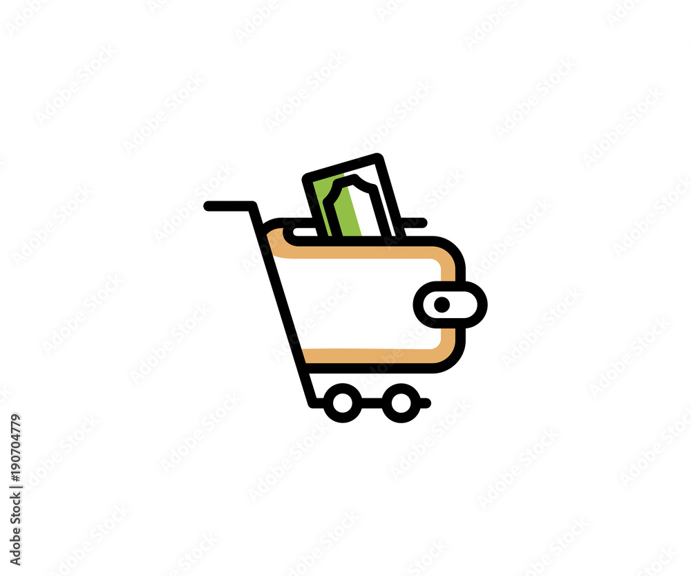 Shopping cart and wallet with money logo template. Online shopping vector design. Finance illustration Shopping cart and wallet with money logo template. Online shopping vector design. Finance illustration