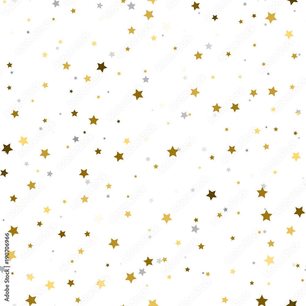 Holiday background, seamless pattern with stars. Gold and silver star confetti. Vector illustration.