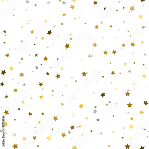 Holiday background, seamless pattern with stars. Gold and silver star confetti. Vector illustration.