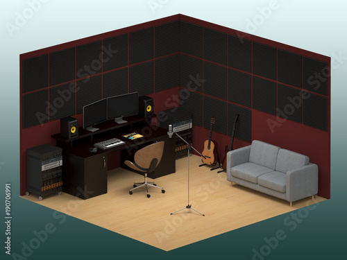 Music recording studio isometric photo