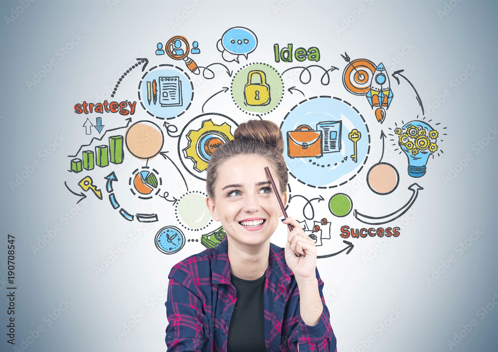 Smiling teen girl thinking, business goals gray Smiling teen girl thinking, business goals gray