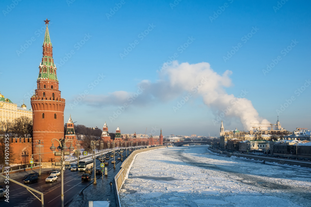 Moscow Kremlin and embankment of Moscow river winter view, Russia