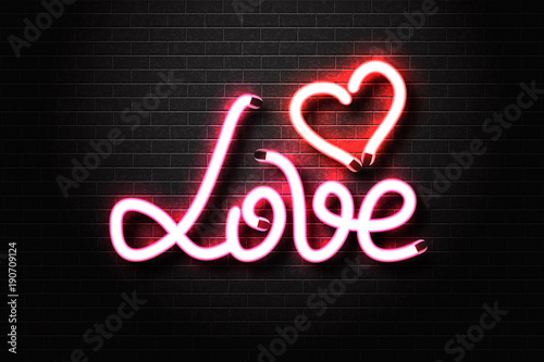 Vector realistic isolated neon sign of Love lettering with heart for decoration and covering on the wall background. Concept of erotic show, sex shop and night club.