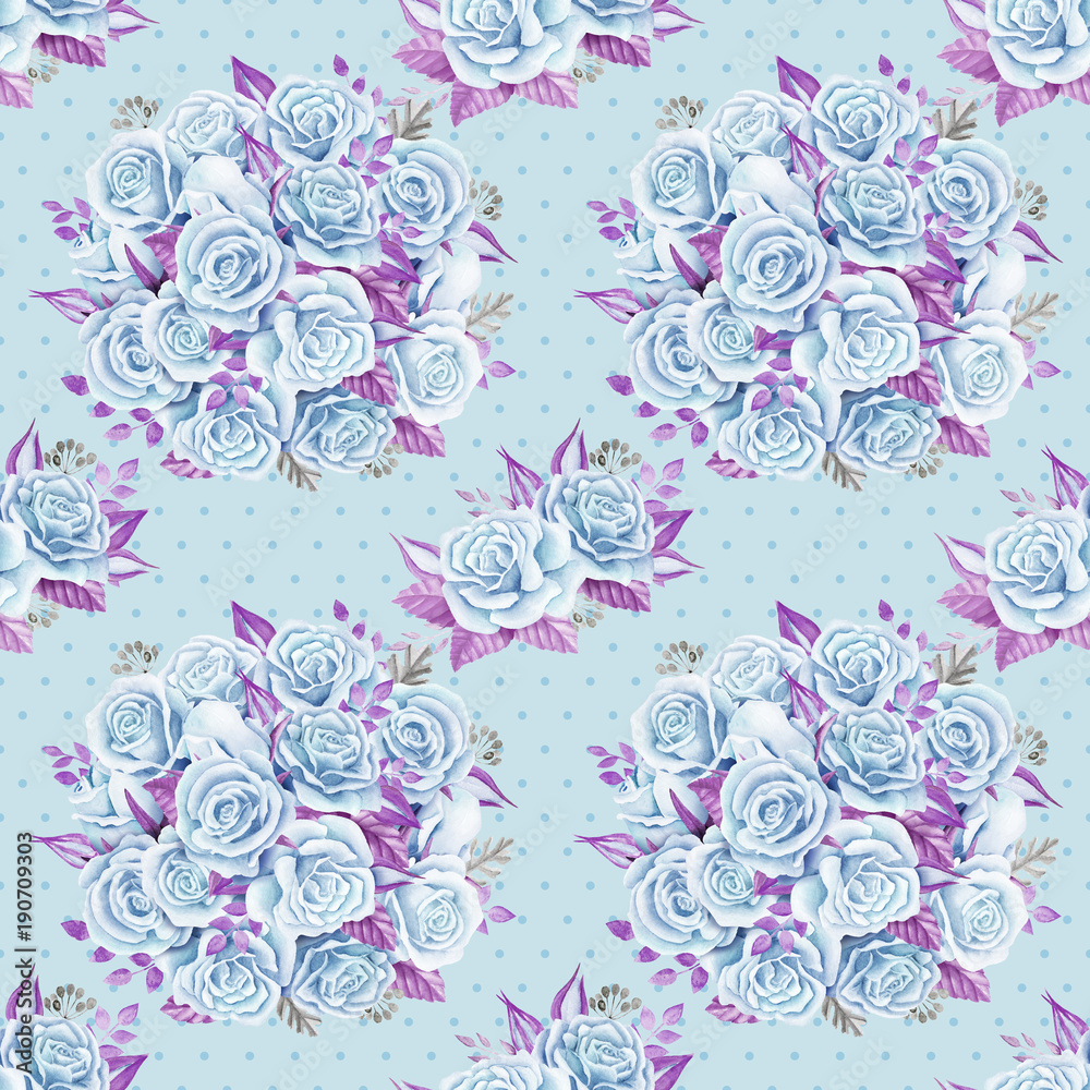Blue roses bouquets. Watercolor illustration. Seamless pattern design paper.