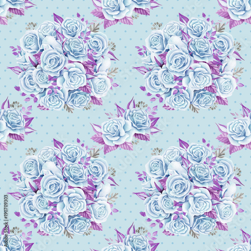 Blue roses bouquets. Watercolor illustration. Seamless pattern design paper.