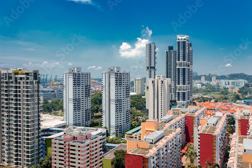 Singapore city skyline landscape at blue sky. Urban skyscrapers cityscape