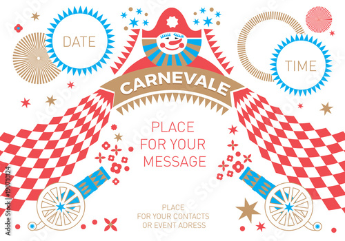 Carnival. Harlequin, tent, guns, salute as elements of the festival. Translation of the Italian text: Carnival. 