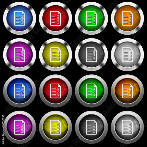 Questionnaire document white icons in round glossy buttons on black background