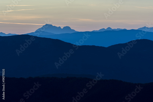 layers of mountains at blue hour