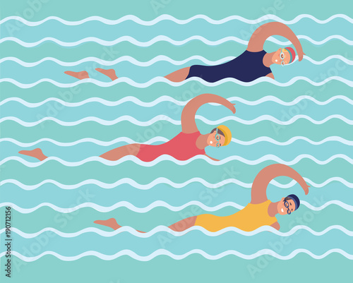 Graphic illustration group of woman in training in swimming pool, girls and sports, lifestyle, color vector