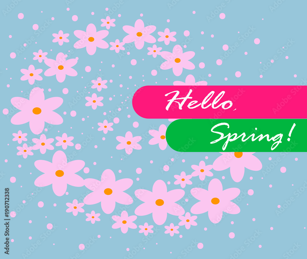 Hello Spring greeting card with colorful hand drawn flowers isolated on background