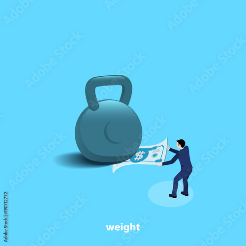 a man in a business suit is trying to pull a bill out of a huge weights, an isometric image