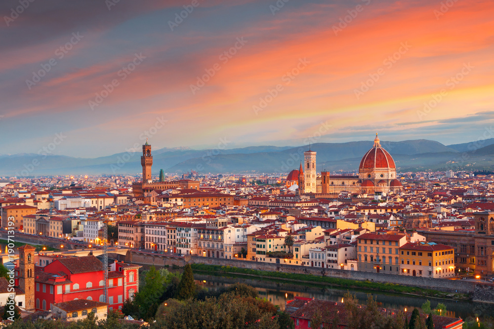 Beautiful views and peace of Florence cityscape in the background Cathedral Santa Maria del Fiore at sunrise