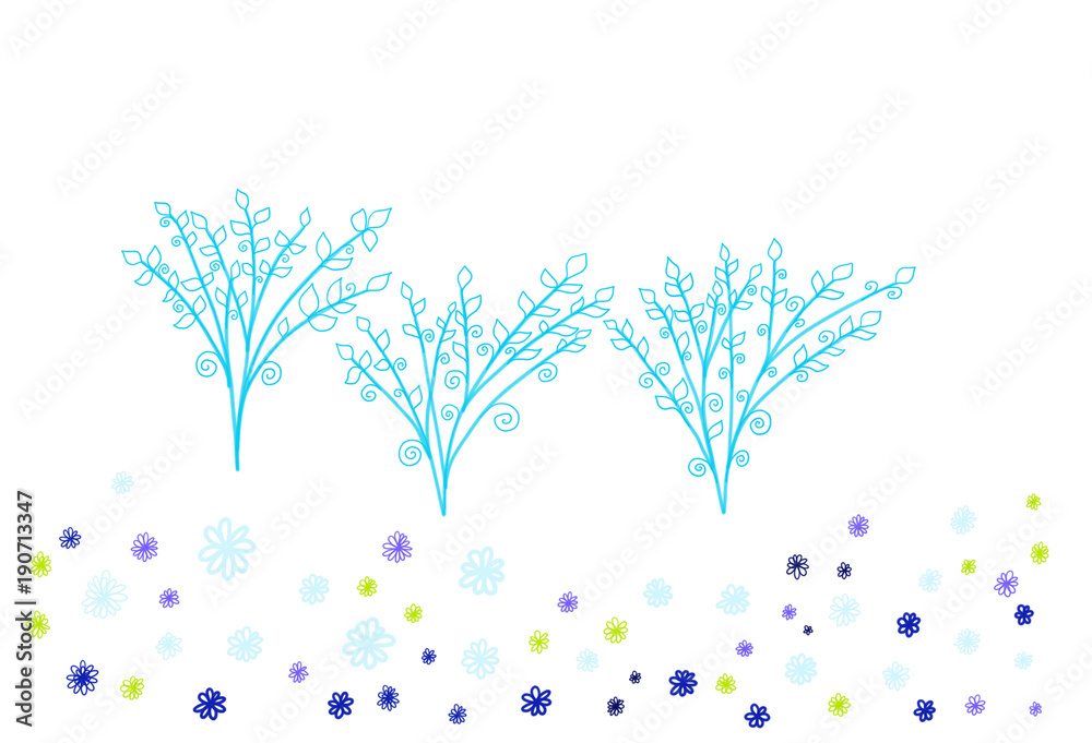 Colorful hand drawn abstract view of blue trees and flowers on white background, isolated cartoon illustration of spring trees painted by pen, high quality