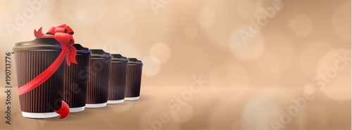 Coffee to Go. Ripple Cups with Gift Cup. Bokeh Cappuccino Background