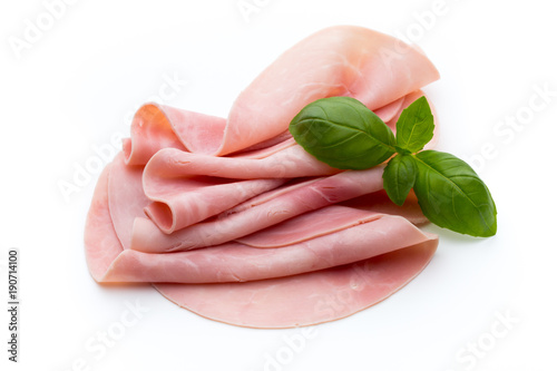 Sliced boiled ham sausage isolated on white background, top view.