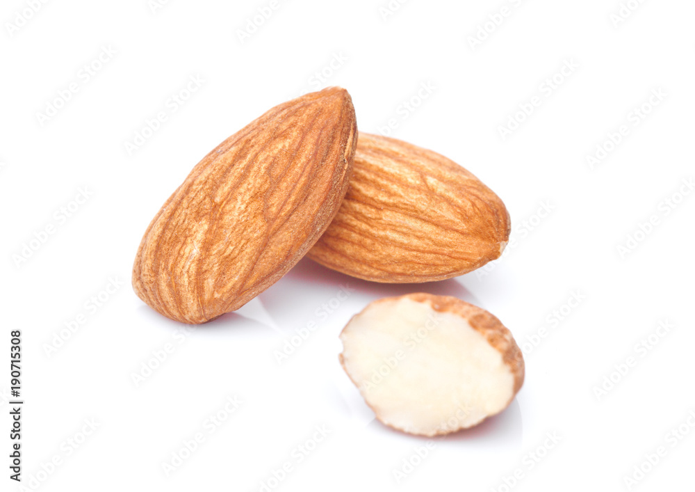 Healthy almonds nuts macro on white