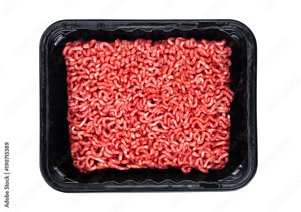 Plastic tray with raw fresh beef minced meat Plastic tray with raw fresh beef minced meat
