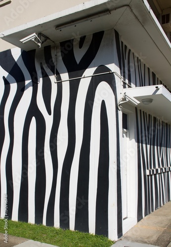 Zebra striped wall on exterior of building