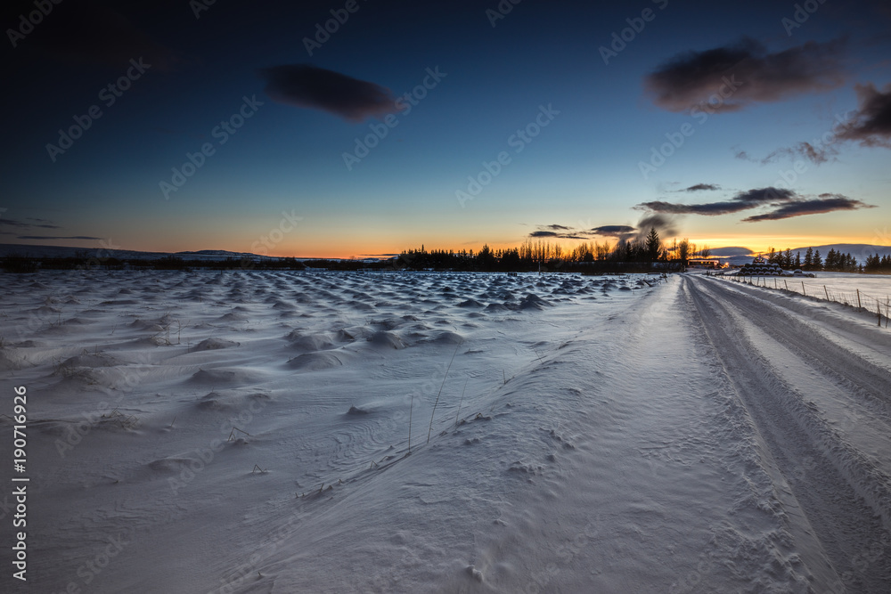 Winter Snow Sunset Field