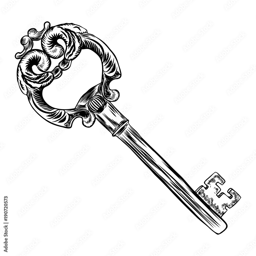 Hand drawn antique key. Sketch style of vintage key on white background ...