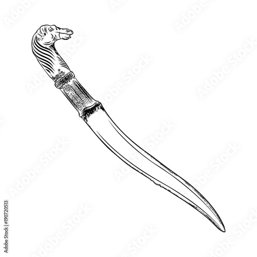 Black work tattoo art hand drawn engraving style medieval knife, dagger for flesh body art. Vintage sketch edged antique weapon. Vector.