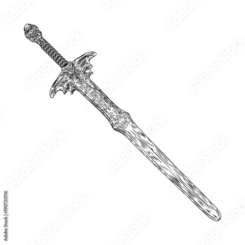 Medieval cold weapon. Warrior weapons sword. Hand drawn antique engraving weapon illustration. Vector.