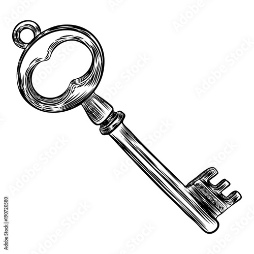 Retro key, vintage style. Key illustration for antiques decoration.  Ornamental medieval hand drawn old realistic design Vector.