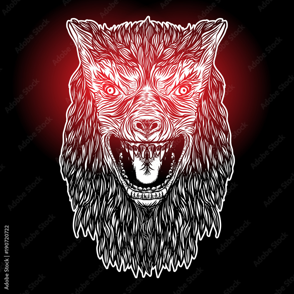Fototapeta premium Head of roaring wolf or werewolf. T-shirt print Halloween concept. Blackwork adult tattoo flash line style Vector.