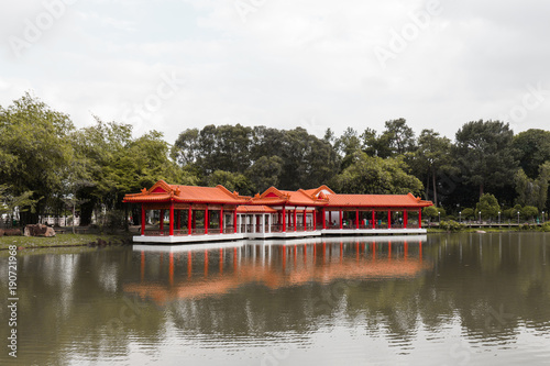 Pavilion view across the lake in Chinese Garden, Singapore.