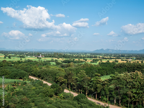 Green fresh nature landscape with blue sky background in countryside of thailand.
