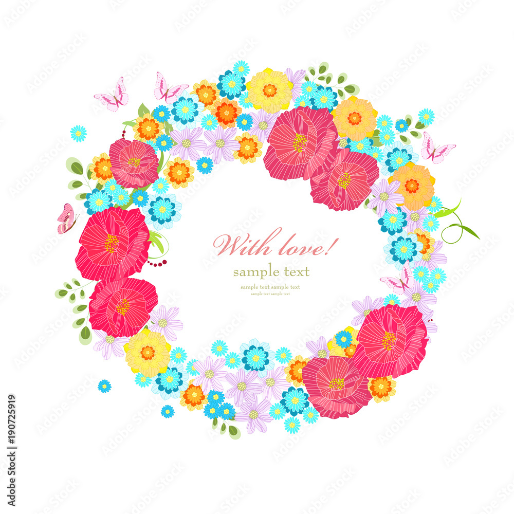 colorful wreath with meadow flowers and butterflies for your des