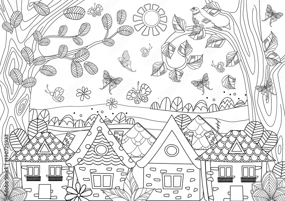 nature landscape with cozy houses for your coloring book