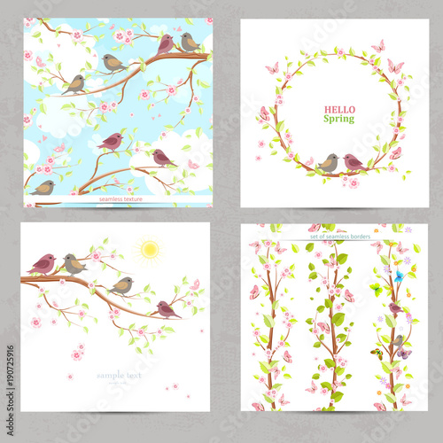 spring collection invitation cards with cute birds, nature seaml