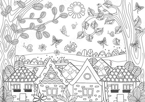 nature landscape with cozy houses for your coloring book