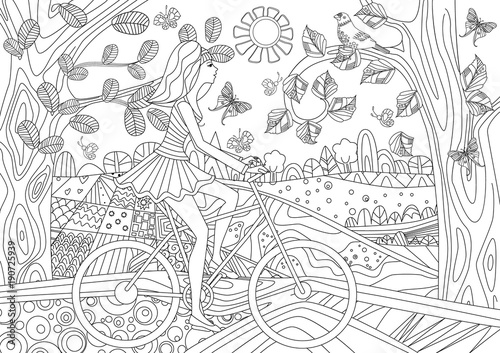 lovely girl is riding on a bicycle in forest scenery for your co