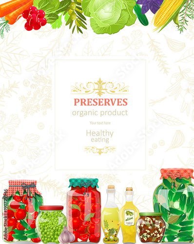banner with delicious canned vegetables in glass jars for your d