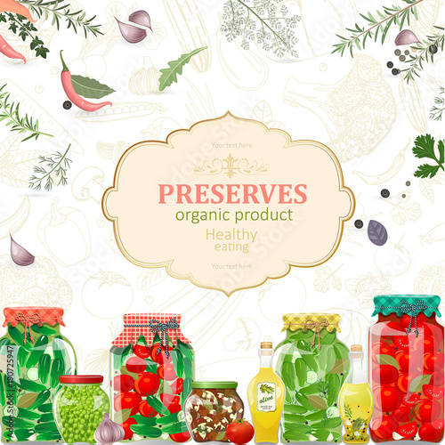sweet card with canned vegetables in glass jars for your design