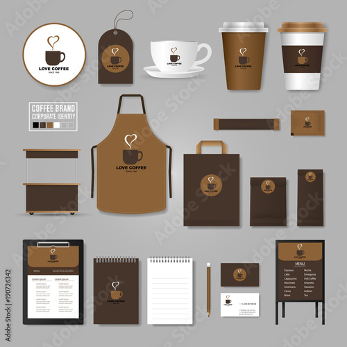 Corporate identity template. Logo concept for coffee shop, cafe, restaurant. Realistic mock up template set of menu, package, cup, apron, bag, tag, cardboard.
