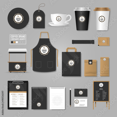 Corporate identity template. Logo concept for coffee shop, cafe, restaurant. Realistic mock up template set of menu, package, cup, apron, bag, tag, cardboard.