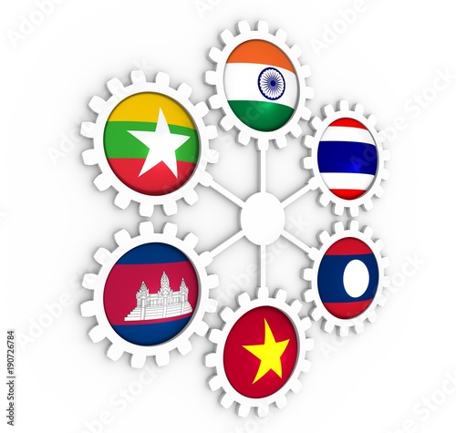 Free Download Mekong Ganga cooperation. Politic and economic union members flags on cog wheels. Global teamwork. 3D rendering - GFXLoad