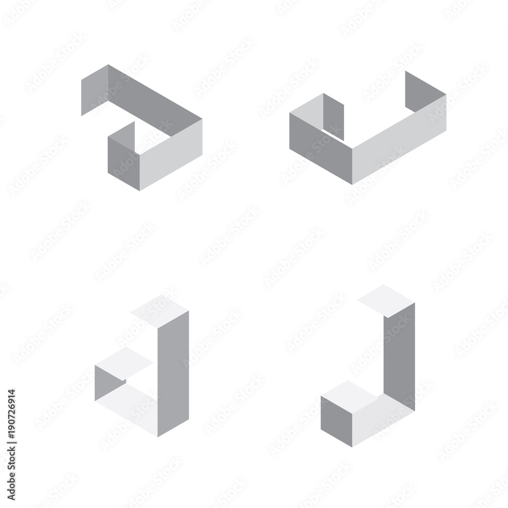 Vector isometric letters J in various foreshortening views. Edge outline alphabet Vector isometric letters J in various foreshortening views. Edge outline alphabet