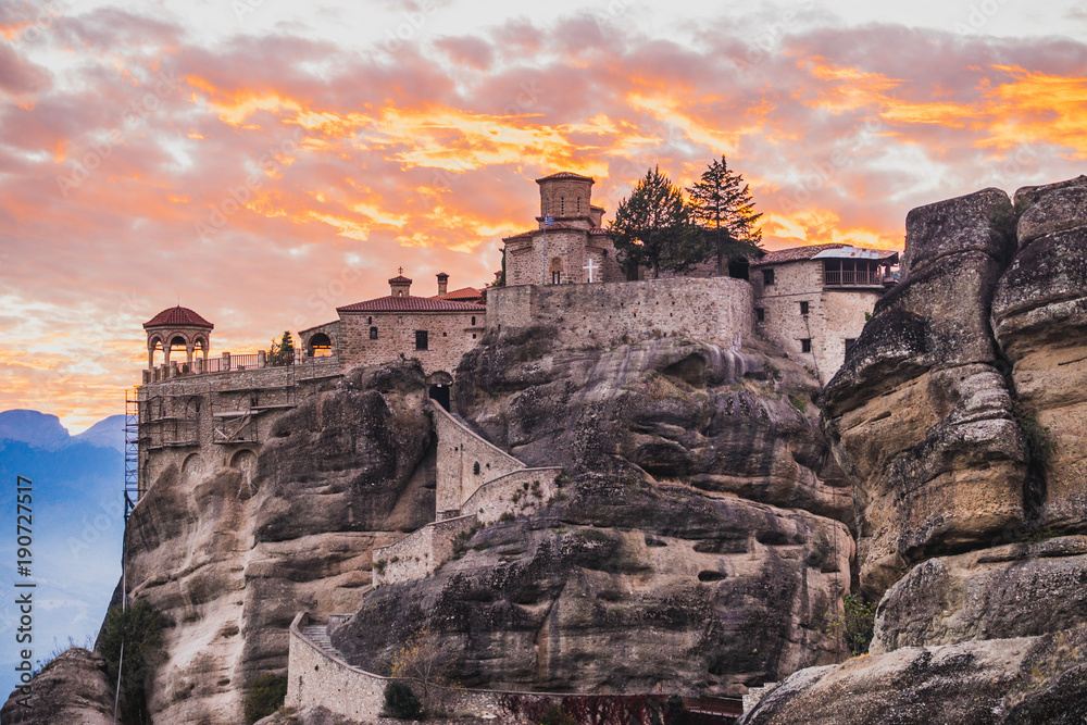 Sunset over Varlaam monastery in Meteora, Greece Sunset over Varlaam monastery in Meteora, Greece