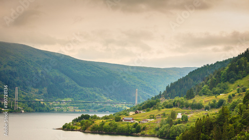 Osteroy suspension bridge in Norway, only road connection island with the mainland east area of Bergen