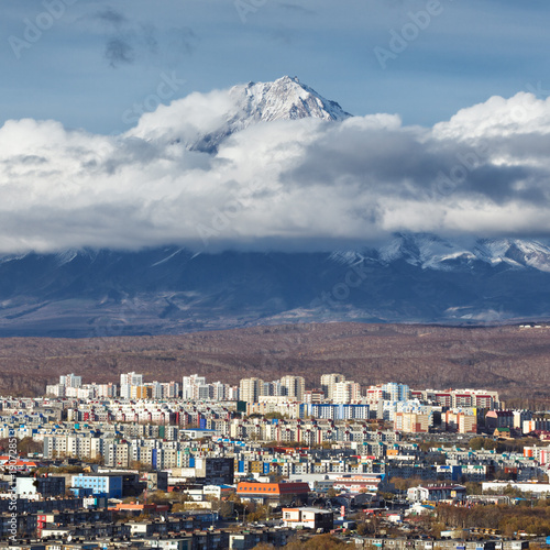 Autumn view of Petropavlovsk-Kamchatsky City on background Koryak Volcano