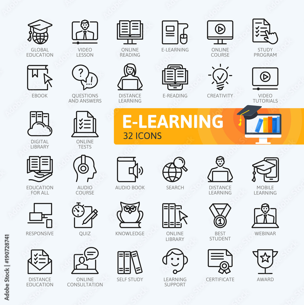 E-learning, online education elements - minimal thin line web icon set. Outline icons collection. Simple vector illustration.
