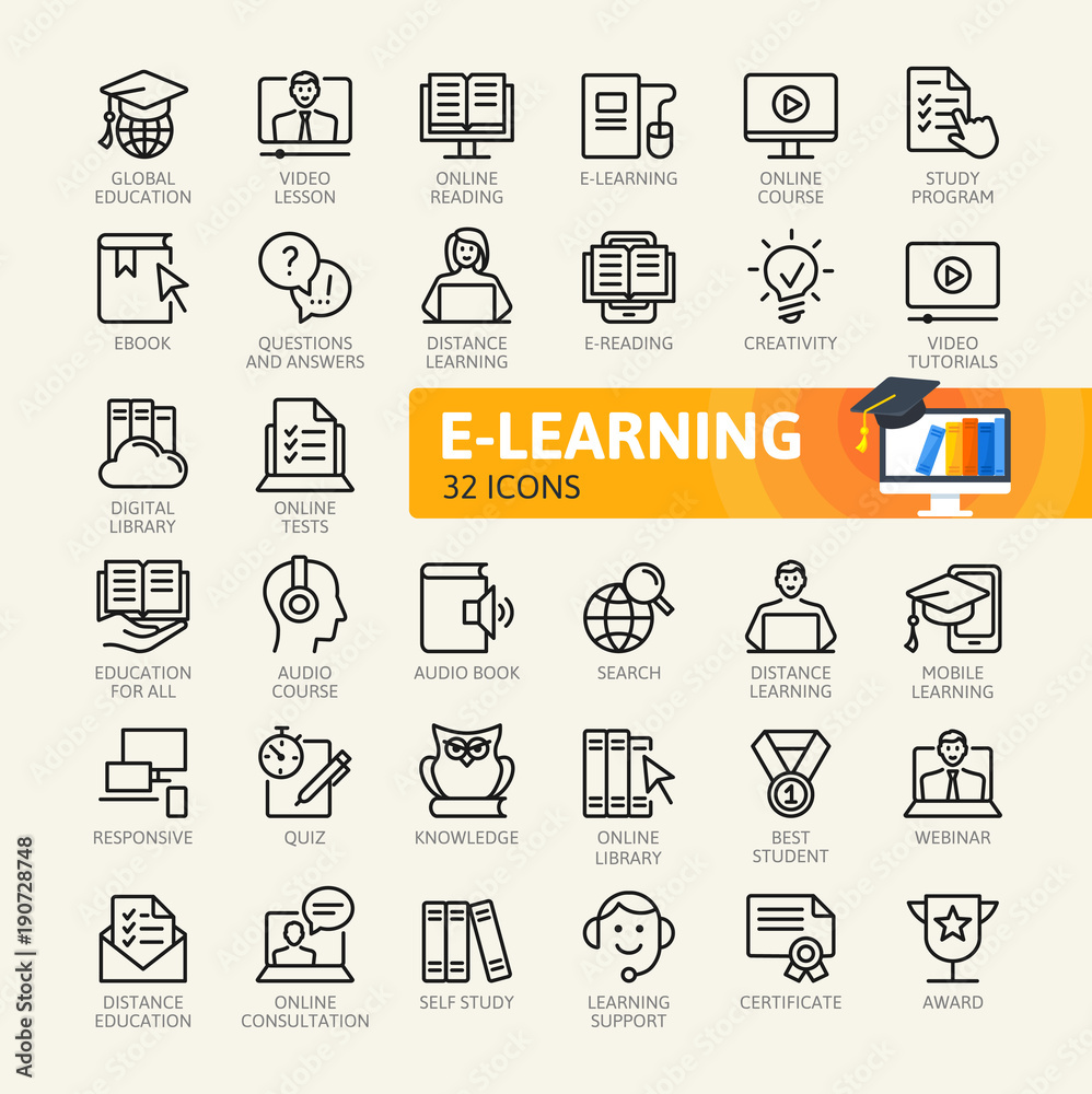 E-learning, online education elements - minimal thin line web icon set ...