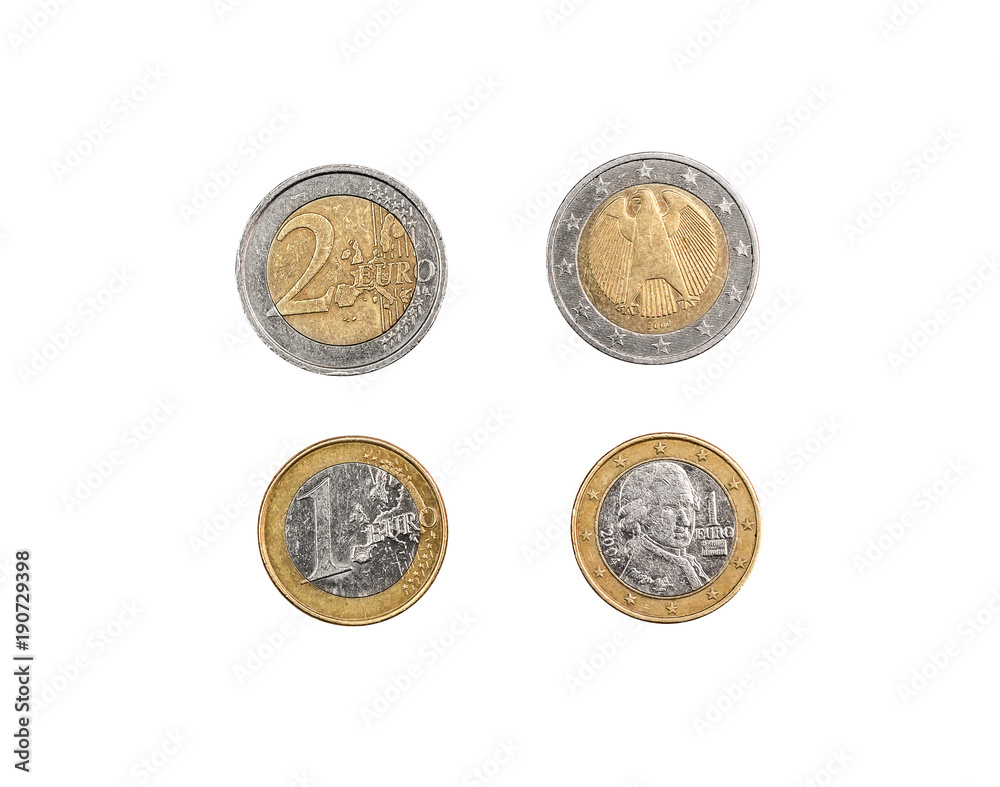 Front and back side of one and two euro coins isolated on white. Front and back side of one and two euro coins isolated on white.