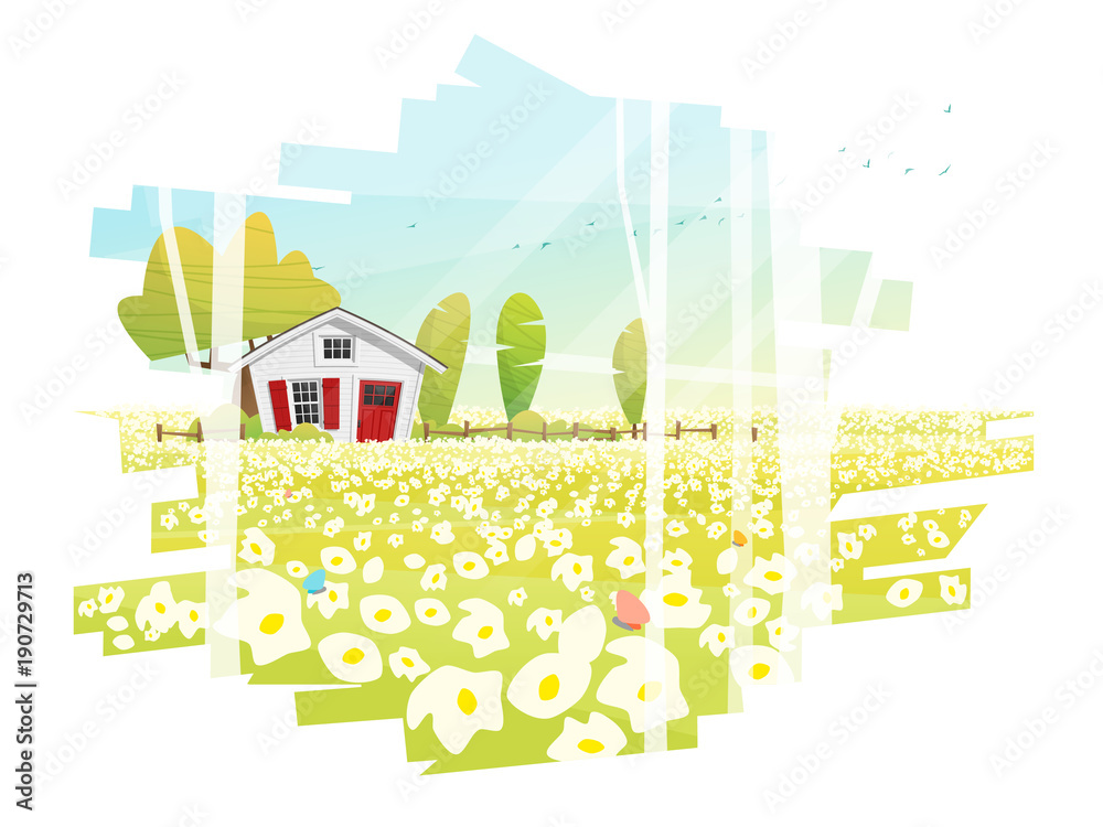 Beautiful rural landscape and a small house background , vector , illustration Beautiful rural landscape and a small house background , vector , illustration